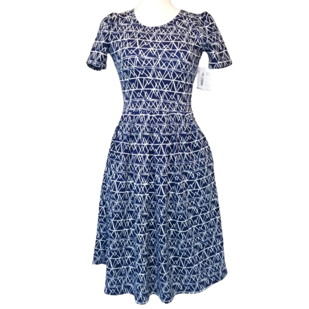 NEW NWT LuLaRoe Amelia Dress XS Blue White Geometric Fit & Flare